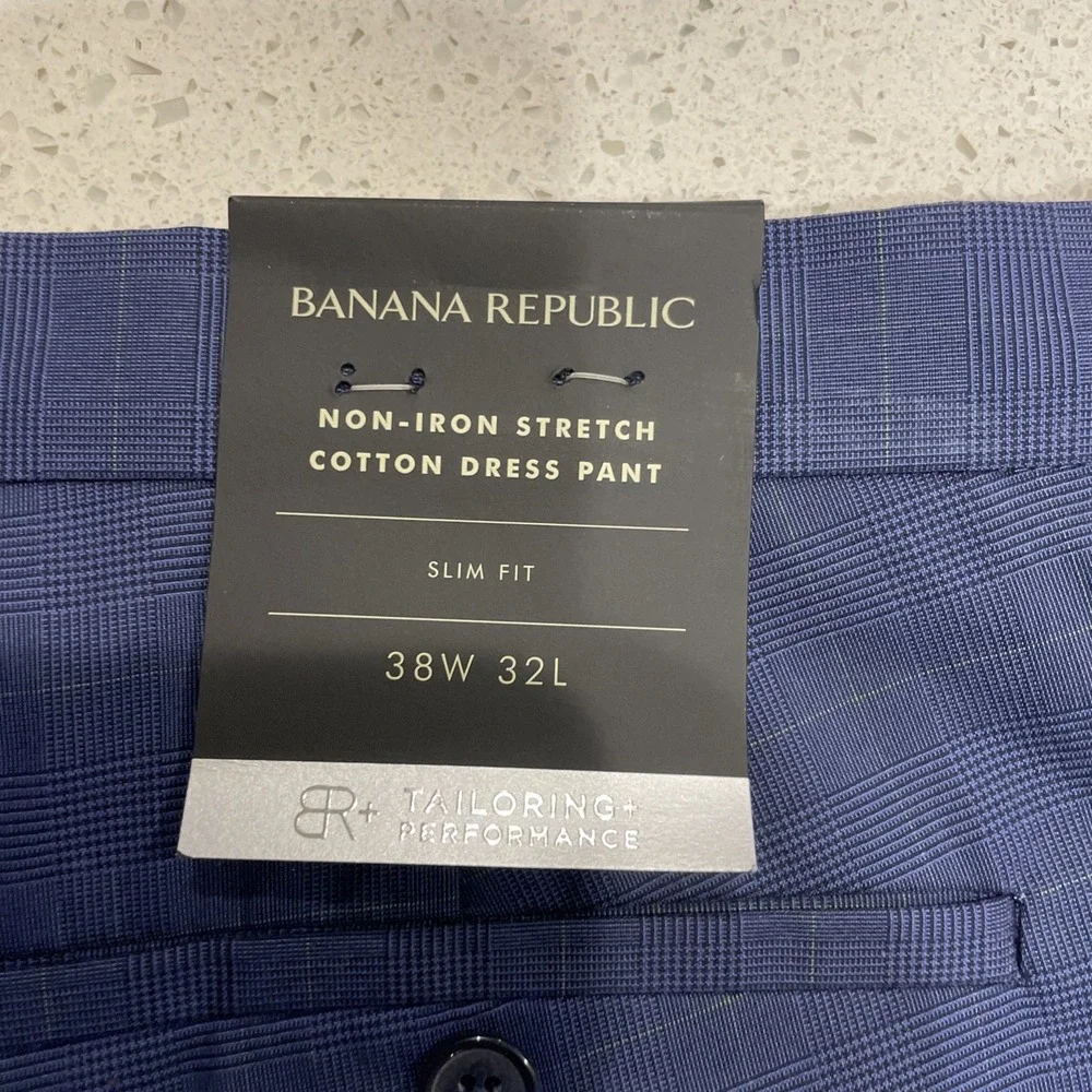 NWT Banana Republic Pants Mens 38x32 Slim Fit Non Iron Stretch Blue Check